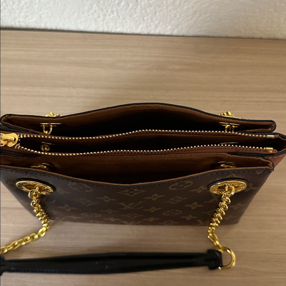 Louis Vuitton Inspired Monogram Chain Shoulder Bag — Brown/Tan/Gold - Picture 9 of 13